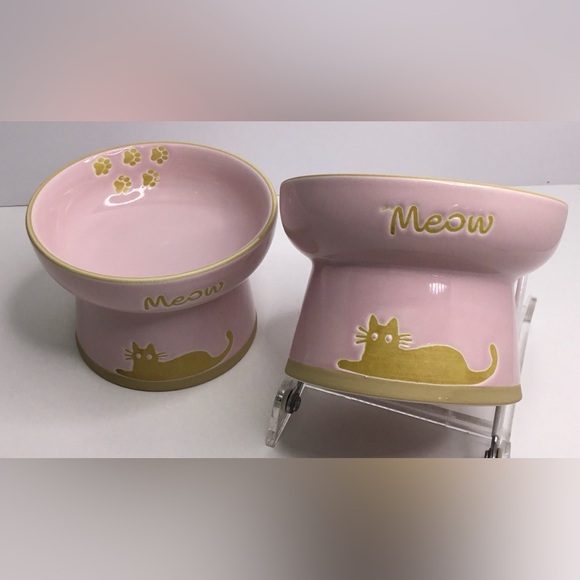 2 Signature Meow Stoneware Cat Body Pet Elevated Bowls Dishes Combo New - Picture 1 of 5